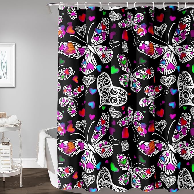 AILONEN Colorful Butterfly Shower Curtain for Bathroom Decor,Beautiful Butterfly Bath Curtain for Kids Women Girls,Pint Polyester Waterproof with 12 Plastic Hooks 48" W*72" H