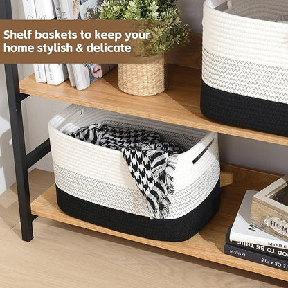 Cotton Rope Storage Basket, Woven Basket for Organizing, Rectangle Decorative Baskets for Shleves, Books, Toys, Towel Baskets for Bathroom - Pack of 3 (Gradient Dark)