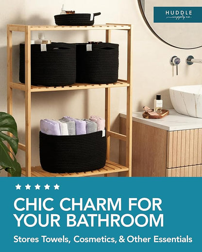 WASHABLE Woven Baskets for Storage Baskets for Shelves Large Cotton Rope Baskets for Organizing Decorative Storage Bins Bathroom, Shelves, Toys,Storage Cube Bins, Small Baskets for Organizing (Black)