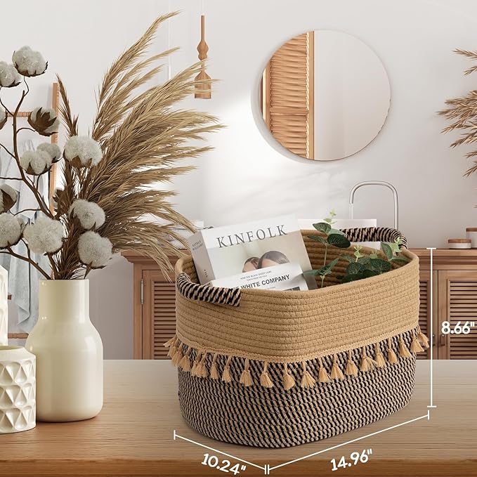 TeoKJ Set of 3 Baskets for Organizing, Decorative Rope Baskets for Storage, Storage Baskets for Pets, books, Pillows, Toys & Cloths, Black & Jute