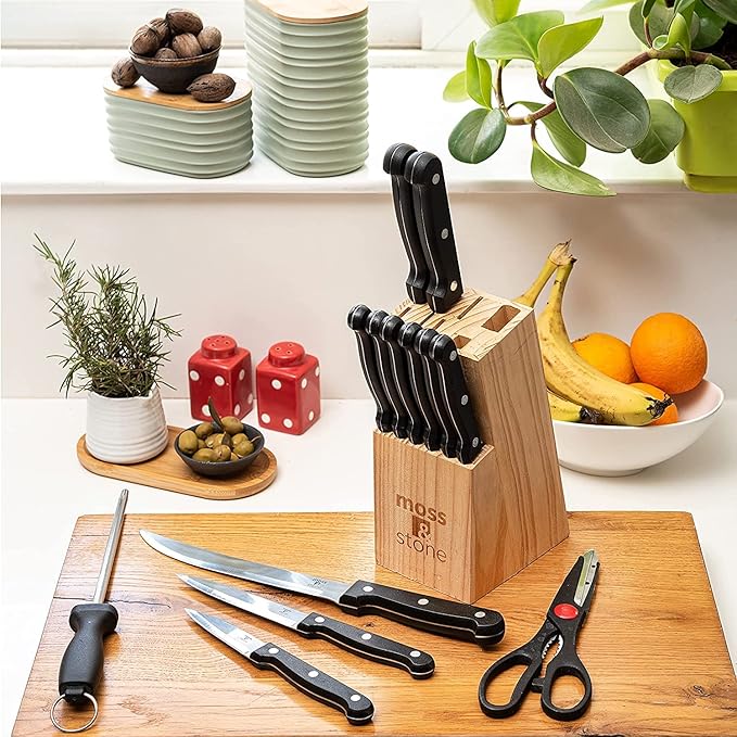 Moss & Stone 14-piece Knife Block Set, Stainless Steel Knife Set, Premium Kitchen knives Set With High-Carbon Stainless Steel Blades And Wooden Block Set, Cutlery Knife Set, 14 Pcs Kitchen Knife Set
