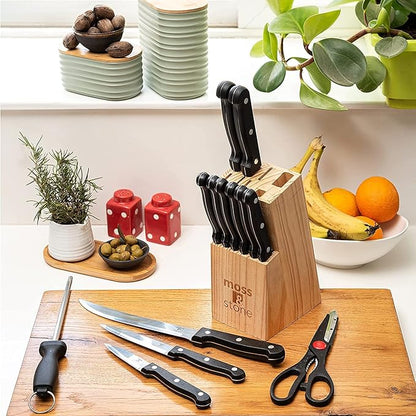 Moss & Stone 14-piece Knife Block Set, Stainless Steel Knife Set, Premium Kitchen knives Set With High-Carbon Stainless Steel Blades And Wooden Block Set, Cutlery Knife Set, 14 Pcs Kitchen Knife Set