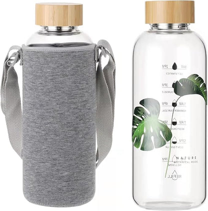 50 Oz Glass Water Bottle Wide Mouth with Time Markers, Bamboo Lid, Neoprene Sleeve Bpa Free