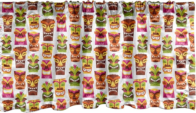 Ambesonne Tiki Bar Window Valance, Sixties Retro Inspired Hawaiian Party Happy Tiki Pattern Colorful, Curtain Valance for Kitchen Bedroom Decor with Rod Pocket, 42" x 18", Multicolor