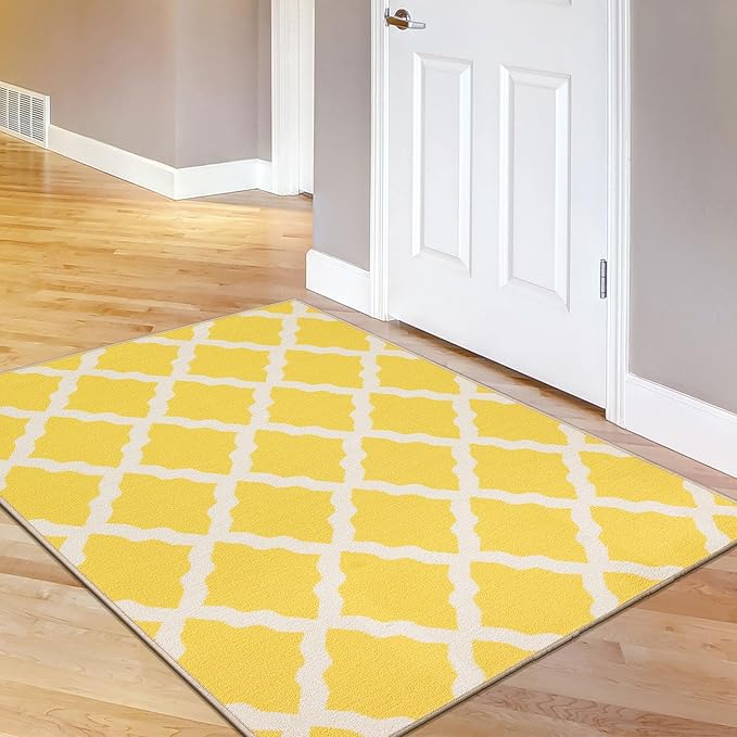 Machine Washable Moroccan Trellis Design Non-Slip Rubberback 3x5 Traditional Indoor Area Rug for Living Room, Bedroom, Kitchen, 3'3" x 5', Yellow