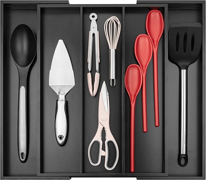 Purawood - Large Premium Bamboo Silverware Organizer - Expandable Kitchen Drawer & Utensil Organizer, 17.5" x 19.75" Cutlery Tray with Drawer Dividers for Kitchen Flatware (3-5 Slots) (Black)