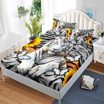 AILONEN Tiger Fitted Sheet Set Twin XL Size, 3 Pieces White Tiger Fur Printed Bed Sheet Set,Kids Boys Girls Sunflower Tiger Sheet Set,Butterfly Tiger Fitted Sheet with 2 Pillowcases