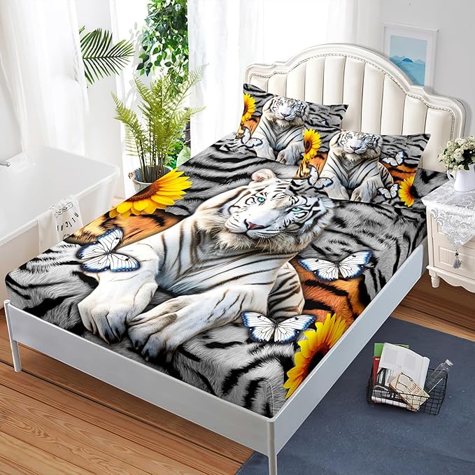 AILONEN Tiger Fitted Sheet Set Twin Size, 3 Pieces White Tiger Fur Printed Bed Sheet Set,Kids Boys Girls Sunflower Tiger Sheet Set,Butterfly Tiger Fitted Sheet with 2 Pillowcases