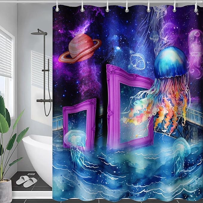 AILONEN Colorful Jellyfish Shower Curtains,Purple Galaxy Bath Curtains,Planet Jellyfish Curtains for Kids Boys Girls,Polyester Waterproof for Bathroom with 12 Hooks,36" W*72" H Purple