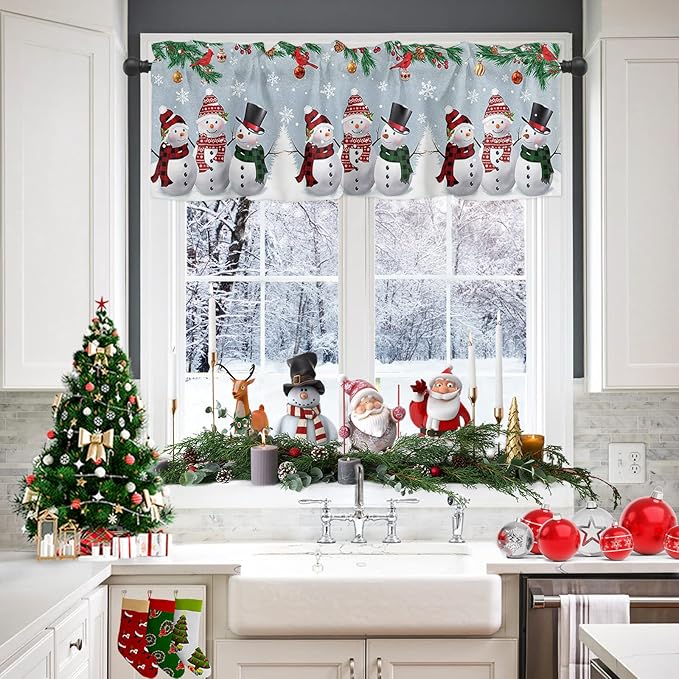 Christmas Kitchen Curtains and Valances Set, Snowman Cardinal Window Treatments Tiers Bluish Grey Winter Holiday Semi Sheer Half/Short Curtains for Small Windows Cafe /Living Room/ Bedroom 54x 36 in