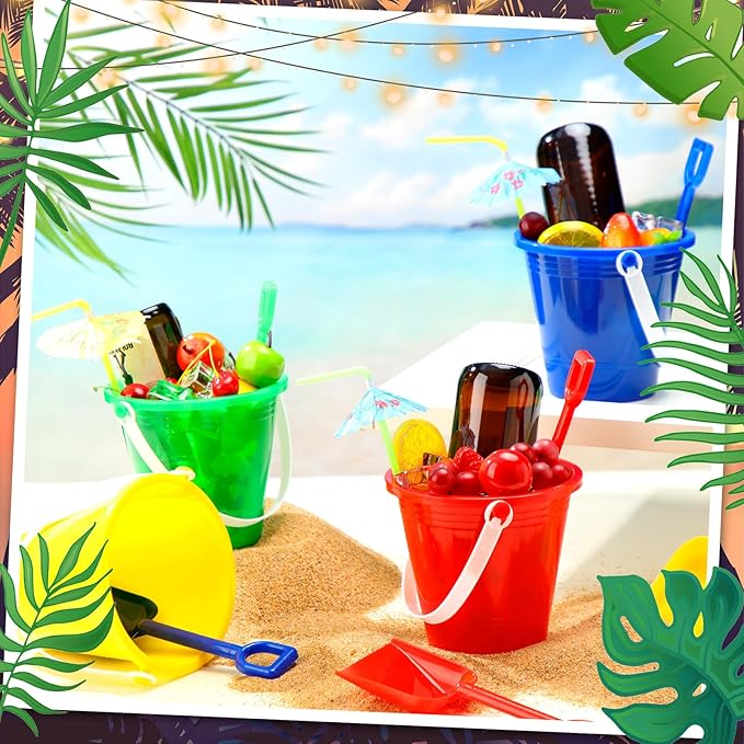 Meekoo 12 Pcs Plastic Rum Buckets for Drinks with 40 Colorful Straws Portable Cocktail Buckets Ice Cream Buckets with Handles Reusable Smoothie Bucket for Summer Bar Kitchen Multifunctional Punch Bowl