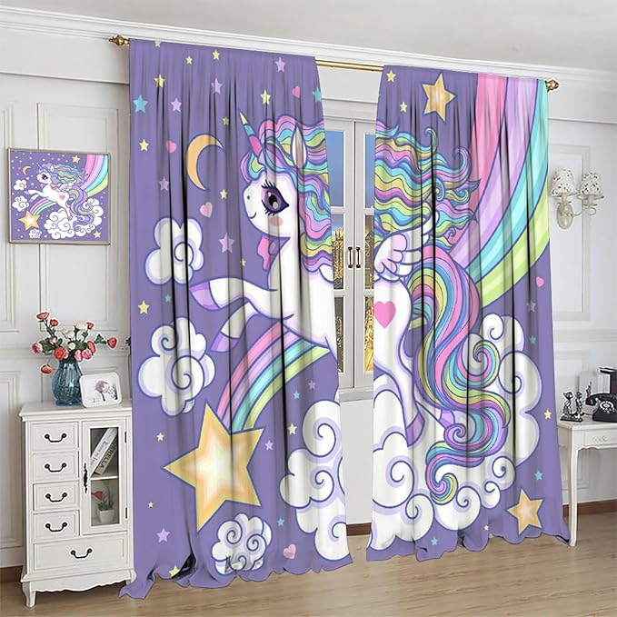 Kids Unicorn Curtains Purple Cartoon Rainbow Cartoon Room Blackout Curtains Boys Girls Baby Room Decor Curtains Living Room Decor 42x63 Inch 2 Panels