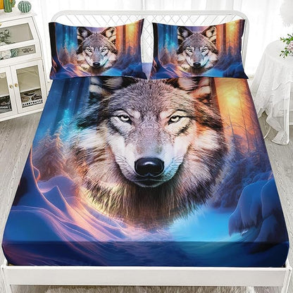AILONEN Wolf Fitted Sheet Set Twin Size, Winter Forest Wildlife Bedding Set Wolf Sheet Set for Boys Teen Kids,Safari Wolf Printed Bed Sheet Set Wolf Fitted Sheet with 2 Pillowcases,3 Pieces