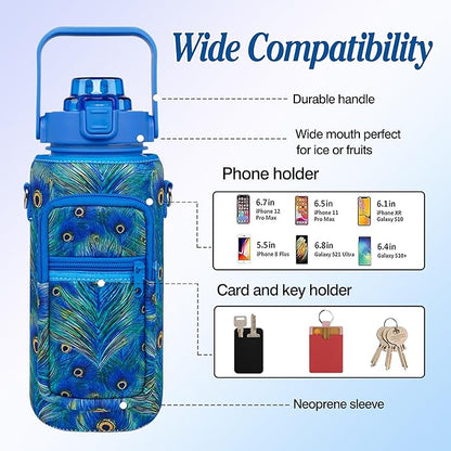 Peacock Half Gallon Water Bottle with Sleeve Water Bottle 64 Oz Water Bottle with Time Marker, Leakproof-Free Drinking Water Bottle, Sports Water Bottle Peacock Feather Half Gallon Water Jugs