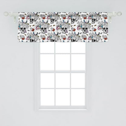 Ambesonne Gothic Window Valance, Day of The Dead Inspired Human Skulls Design with Colorful Flowers Mexican Tradition, Curtain Valance for Kitchen Bedroom Decor with Rod Pocket, 42" x 18", Multicolor