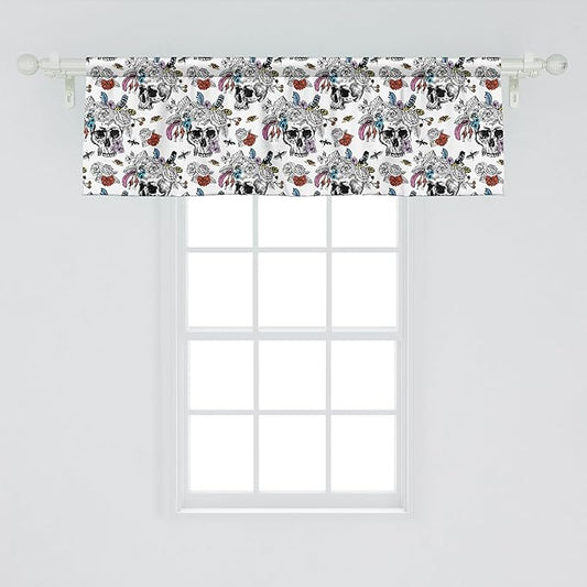 Ambesonne Gothic Window Valance, Day of The Dead Inspired Human Skulls Design with Colorful Flowers Mexican Tradition, Curtain Valance for Kitchen Bedroom Decor with Rod Pocket, 42" x 18", Multicolor