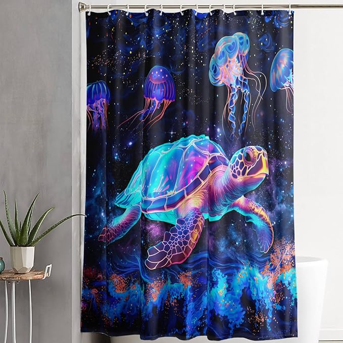 AILONEN Colorful Sea Turtle Shower Curtain for Bathroom,Beautiful Turtle with Jellyfish Bath Curtain for Kids,Boys,Girls,Ocean Animal Waterproof Fabric Shower Curtain Set with Hooks,48" W*72" H