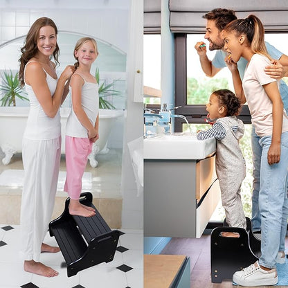 Acacia 2-Step Stool for Kid, Toddler Wood Step Ladder with 2 Handles, Safe Non-Slip Bottom, Rounded Corners, Supports up to 300 lbs, Perfect for Bathroom Bedroom (Black)