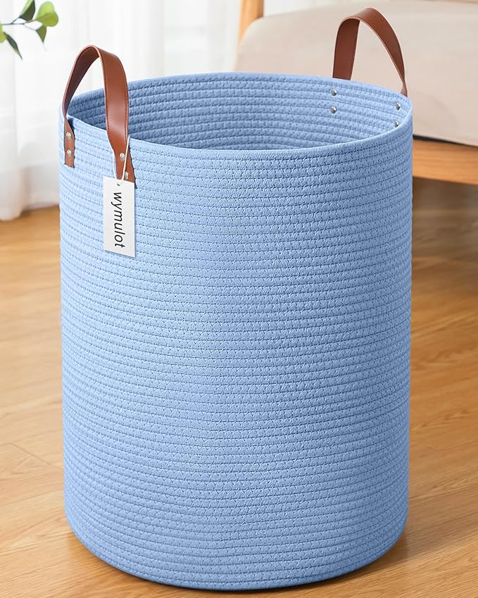 80L Large Rope Basket, Woven Rope Storage Basket with Leather Handles, Dog Toy Storage Basket, Bedroom, Nursery Blanket Storage, Bathroom Laundry Basket, 16“x20” Tall Rope Basket (Blue)