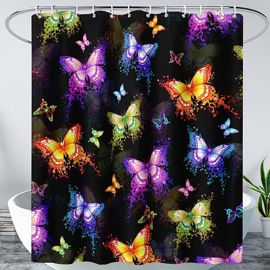 AILONEN Butterfly Shower Curtain for Bathroom, Colorful Butterfly Polyester Waterproof Bath Curtain,Modern Fashion Minimalist Shower Curtain with 12 Plastic Hooks,Black 48" W*72" H