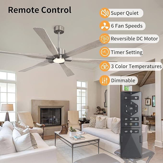 68 Inch Ceiling Fan with Lights and Remote Control, 6 Reversible ABS Blades, 6-Speed Noiseless DC Motor with 4.5" / 12" / 24" Downrods for Bedroom Dining Living Room, Antique Nickel and Gray
