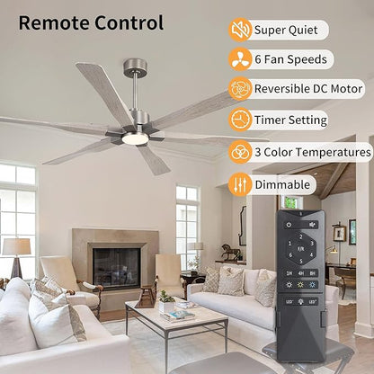 68 Inch Ceiling Fan with Lights and Remote Control, 6 Reversible ABS Blades, 6-Speed Noiseless DC Motor with 4.5" / 12" / 24" Downrods for Bedroom Dining Living Room, Antique Nickel and Gray