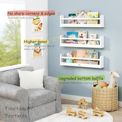 24 Inch Wide Bookshelf for Kids Room Wall Decor, Floating Nursery Book Shelves for Baby Children Teens Bedroom, Corner Hanging Bookshelves Wall Mounted for Classroom Library (White)