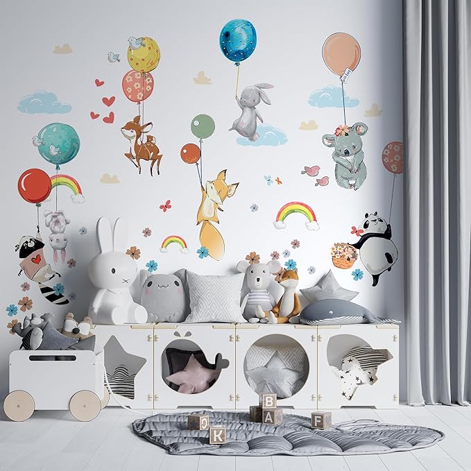 Hot Air Balloon Wall Decals for Kids by Lipastick – 83 pcs Cartoon Animals Wall Decals for Girls Boys Kids Baby - Animal Wall Stickers for Nursery Room Bedroom - Raccoon Fox Koala Panda L Size