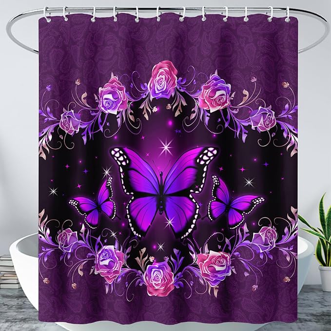 AILONEN Girls Butterfly Shower Curtain for Bathroom, Purple Rose Floral Butterfly Bathroom Curtain,Flying Butterfly Bath Curtain 72" W*78" H Polyester Waterproof Bathroom Curtain with 12 Hooks