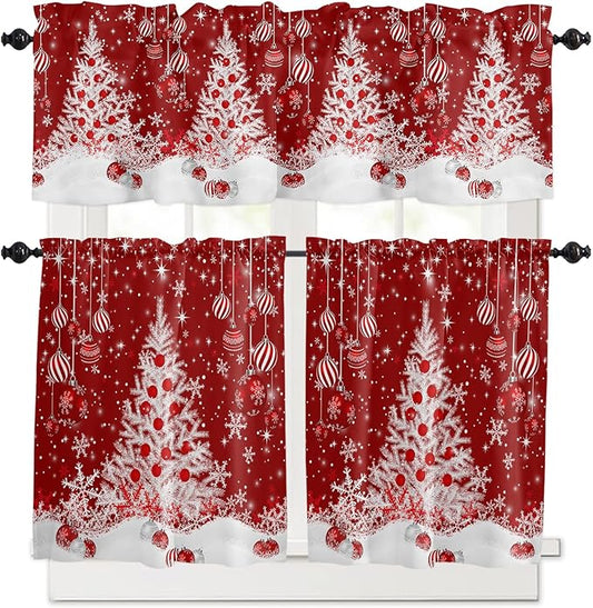 Red Christmas Kitchen Curtains and Valances Set, White Xmas Tree Snowflakes Red Balls Windows Treatments Tiers Half/Short Curtains for Small Windows Cafe /Living Room/ Bedroom 54x24 in Winter