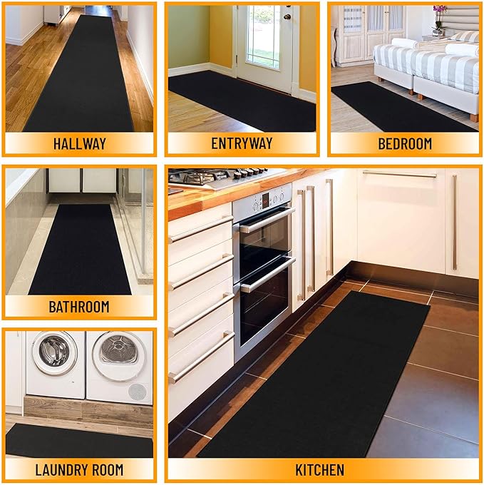 Machine Washable Modern Solid Design Non-Slip Rubberback 2x5 Traditional Runner Rug for Hallway, Kitchen, Bedroom, Entryway, 20" x 59", Black