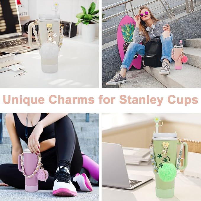 7PCS Water Bottle Cup Accessories Set for Stanley Cup 40oz & 30oz Tumbler, Including Water Bottle Handle Strap, Silicone Cup Boot, Silicone Straw Cover, Keychain Charm (Purple)