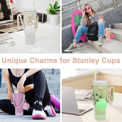 7PCS Water Bottle Cup Accessories Set for Stanley Cup 40oz & 30oz Tumbler, Including Water Bottle Handle Strap, Silicone Cup Boot, Silicone Straw Cover, Keychain Charms(White)