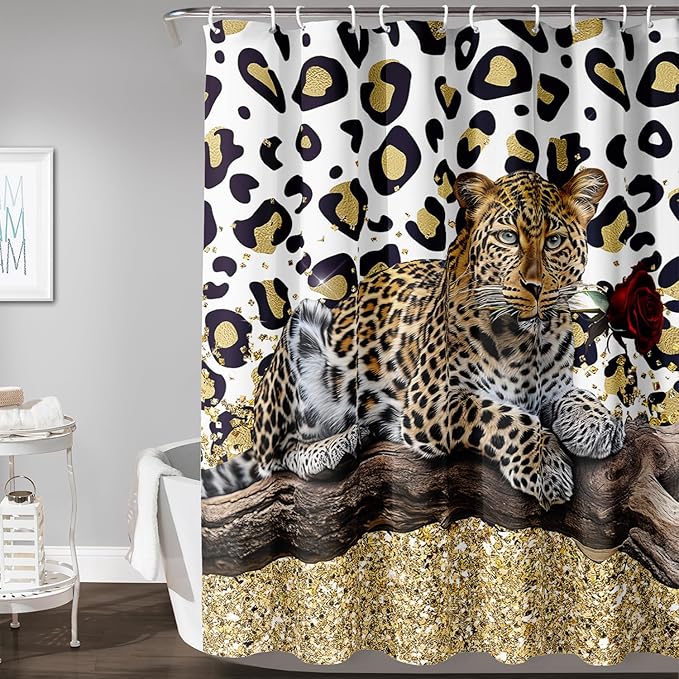 AILONEN Leopard Shower Curtains for Bathroom,Rose Leopard Bath Shower Gifts for Lover,Wild Animal Curtains Polyester Waterproof with Plastic Hooks 36" W*72" H