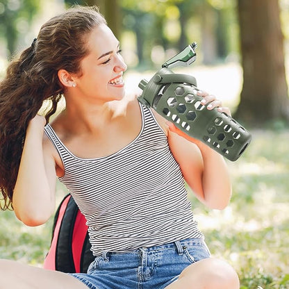 MUKOKO 32 oz Glass Tumbler with Straw,Glass Water Bottles with Time Marker,Iced Coffee Cup with 2 Lids-Handle Spout Lid&Straw Lid,Silicone Sleeve,Leakproof,1 Pack-Olive