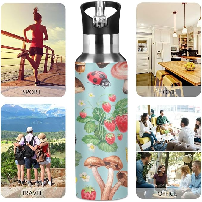 Alaza Summer Ladybug Strawberry Mushroom Water Bottle With Straw Lids Boys Girls,Vacuum Insulated Leakproof Stainless-Steel Sports Bottle Thermal Flask For Gym Yoga Camping,20Oz (600Ml)