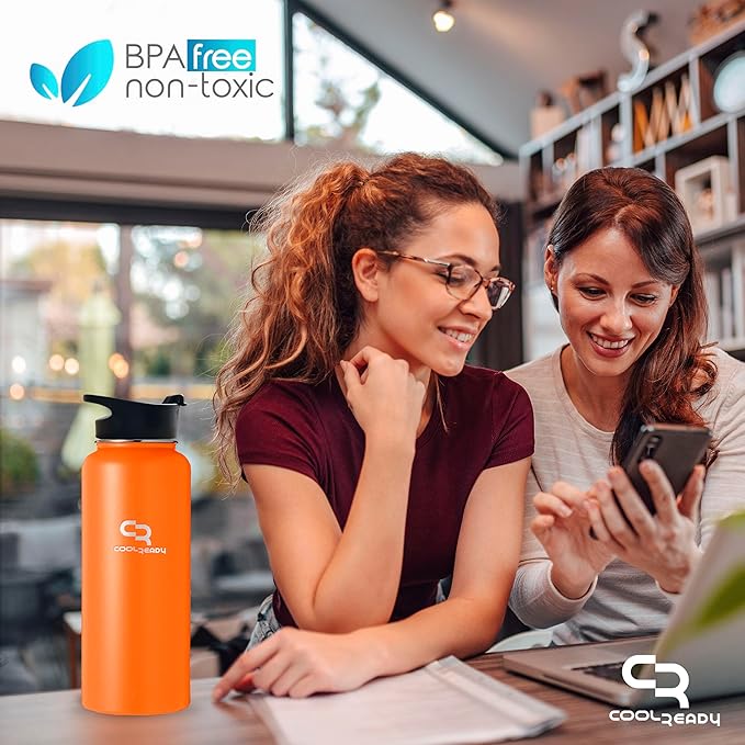 40oz Orange Water Bottle Stainless Steel - With Handle Straw Lid, Coffee Thermos, Chug Water Bottle - Double Walled Stainless Metal Water Bottle - Gym, Outdoor, Office – Leak Proof