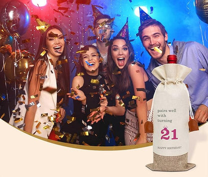 21th Birthday Wine Bag, Cotton Linen Wine Gift Bag With Drawstring, Wine Champagne Bottle Gift Bag, 21st Birthday Gifts Wine Bag for Woman Her Girl Friend Sister, 21th Birthday Party Favors-33