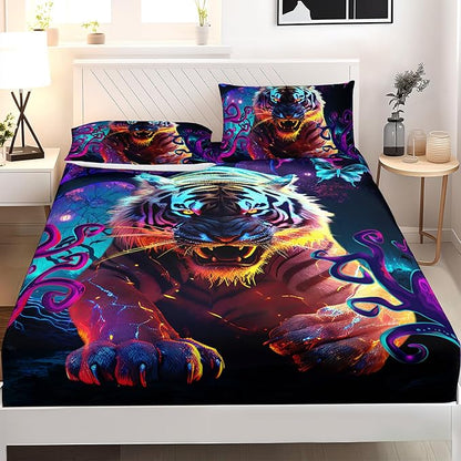 AILONEN Tiger Fitted Sheet Set Queen Size, Purple Magic Forest Fierce Tiger Bed Sheet Set for Boys Girls,Howling Tiger Soft Breathable Fitted Sheet and 2 Pillowcases,3 Pieces