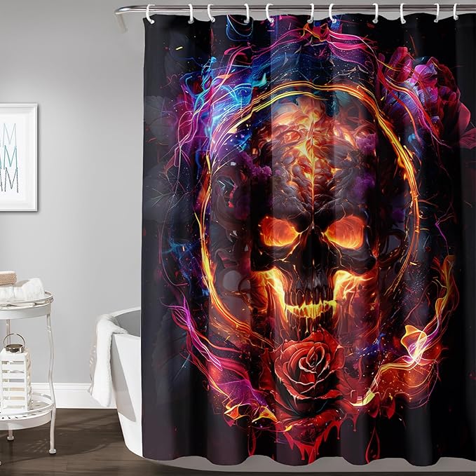 AILONEN Gothic Skull Shower Curtains for Bathroom,Red and Black Skeleton Sugar Skull Bath Curtain,Romantic Rose Flower Goth Skull Decor,Boys Men Curtain 12 Plastic Hooks Waterproof, 72" W x 84" H