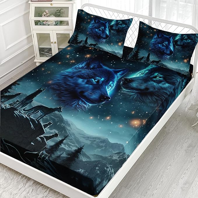 AILONEN Boys Wolf Fitted Sheet Set Queen Size, 3 Pieces Evening Starry Bedding Set Wild Animal Wolf Sheet Set for Boys Men Kids,Wildlife Bed Sheet Set Wolf Fitted Sheet with 2 Pillowcases