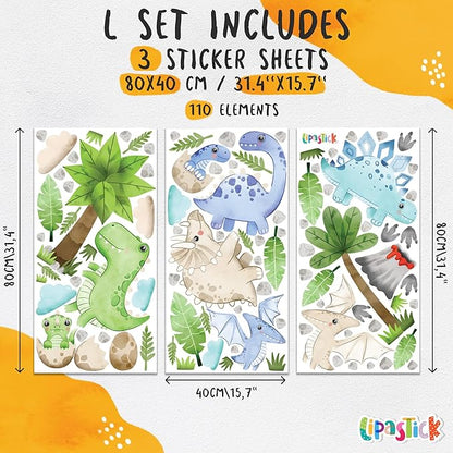 Large Dinosaur Wall Decals by Lipastick - 110 pcs Watercolour Dinosaur Kids Wall Stickers - Dinosaur Footprints Silhouettes Decals for Walls – Peel and Stick Decal for Kids Bedroom Nursery L Size