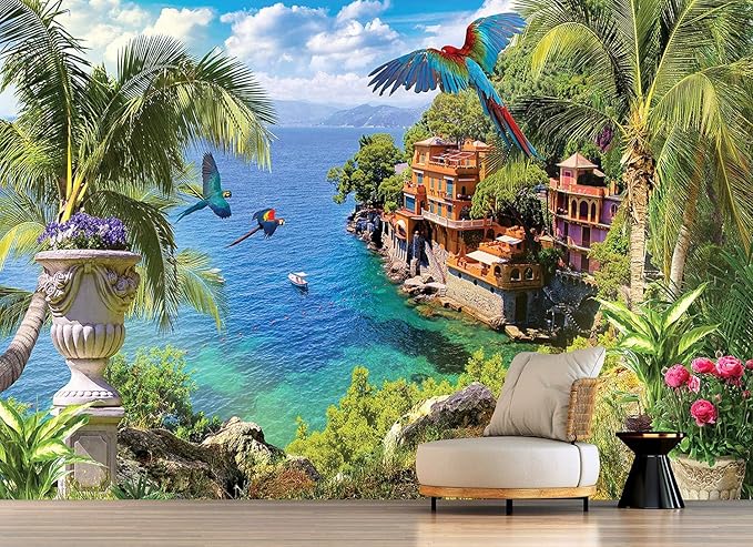 Seaside Scenic Coconut Tree Mural for Living Room (Not Peel and Stick)