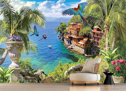 Seaside Scenic Coconut Tree Mural for Living Room (Not Peel and Stick)