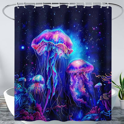 AILONEN Jellyfish Shower Curtain,Cartoon Magic Jellyfish Waterproof Fabric Shower Curtain Set for Bathroom,Boho Style Starry Night Coral Bath Curtain with Hooks for Kids Girls, 60" W*72" H