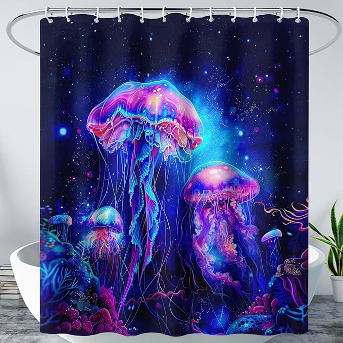 AILONEN Jellyfish Shower Curtain,Cartoon Magic Jellyfish Waterproof Fabric Shower Curtain Set for Bathroom,Boho Style Starry Night Coral Bath Curtain with Hooks for Kids Girls, 72" W*78" H