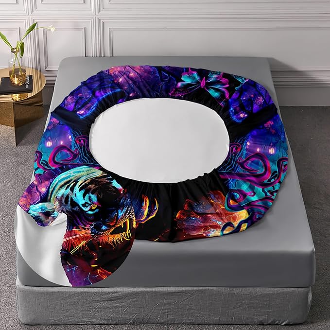 AILONEN Tiger Fitted Sheet Set Twin XL Size, Purple Magic Forest Fierce Tiger Bed Sheet Set for Boys Girls,Howling Tiger Soft Breathable Fitted Sheet and 2 Pillowcases,3 Pieces