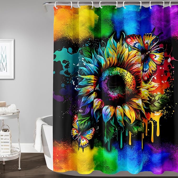 AILONEN Sunflower Shower Curtain, Watercolor Flower Rainbow Decoration,Polyester Fabric,Waterproof with 12 Plastic Hooks Shower Curtains Washable, 72" W x 84" H