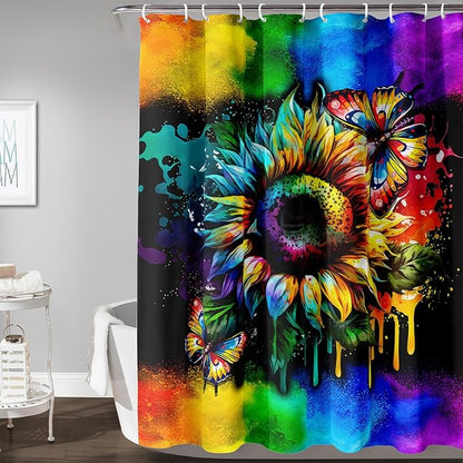 AILONEN Sunflower Shower Curtain, Watercolor Flower Rainbow Decoration,Polyester Fabric,Waterproof with 12 Plastic Hooks Shower Curtains Washable, 48" W x 72" H
