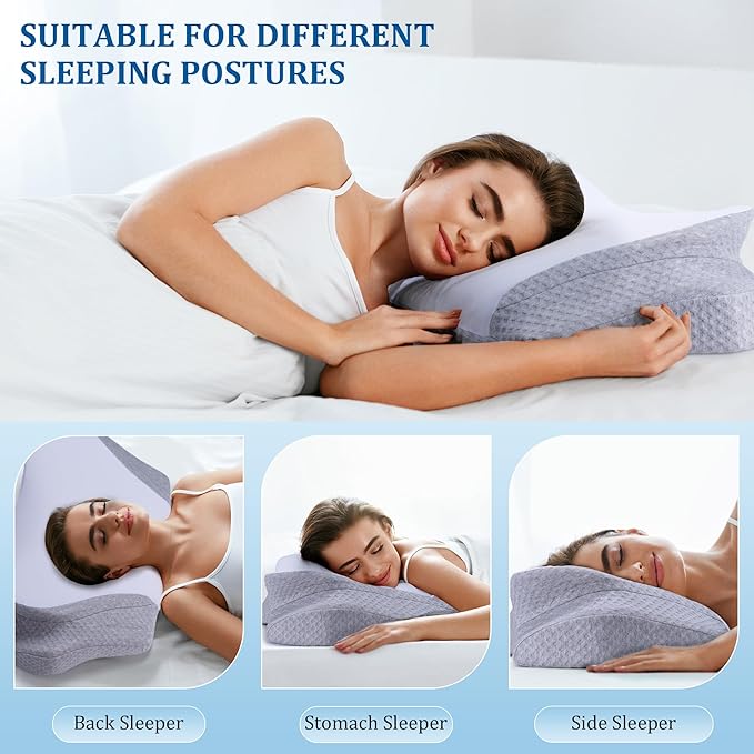 Cervical Pillow for Head & Neck Support - Memory Foam Cervical Neck Pillow with Two Height Levels, Washable Pillowcase, Ergonomic Pillows for Bed for Side Back Stomach Sleepers